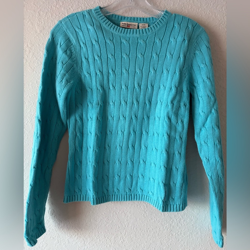 Ralph Lauren Polo Jeans Co Vintage Cotton Cable Knit Sweater Teal blue #10